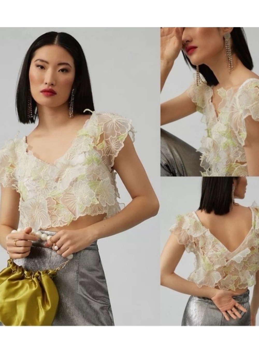ANTHROPOLOGIE Cropped 3D Floral Appliqué Sheer Blouse Cream Green Medium NWT - Picture 2 of 7